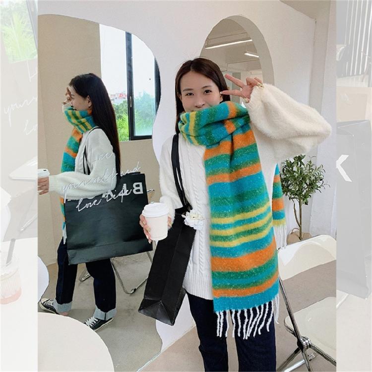 Adult Women Warm Scarf Thicken Rainbow Long Scarf Soft CashmereFeel Shawl Scarf