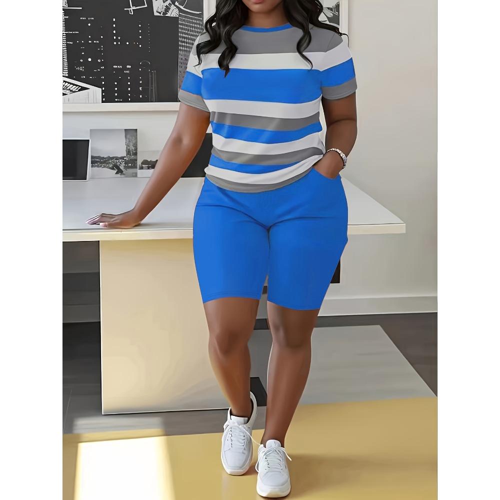 Trendy Plus Size Women's Two Piece Set Striped Short Sleeve Top and High Waist Shorts Casual Outfit