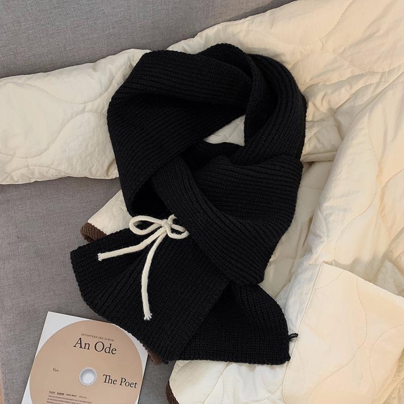 

Korean Style Red Bow Woolen Scarf for Women in Autumn and Winter Thickened Warm Neck Protection Knitted Shawl Scarf Winter 180*17cm