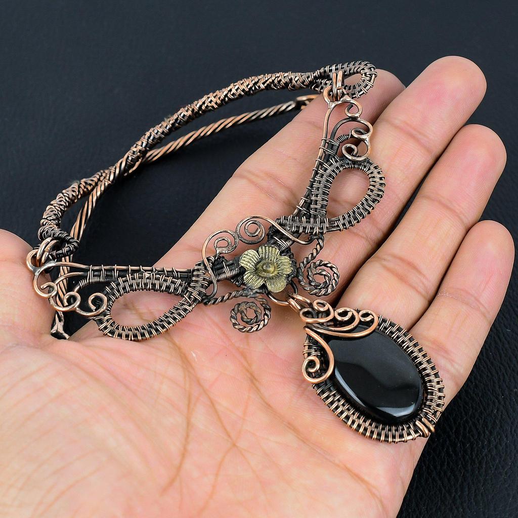 Black Onyx Necklace Handmade Jewelry, 999 Copper Wire Wrapped Necklace Designer Gemstone Jewelry Adjustable Chain Necklace