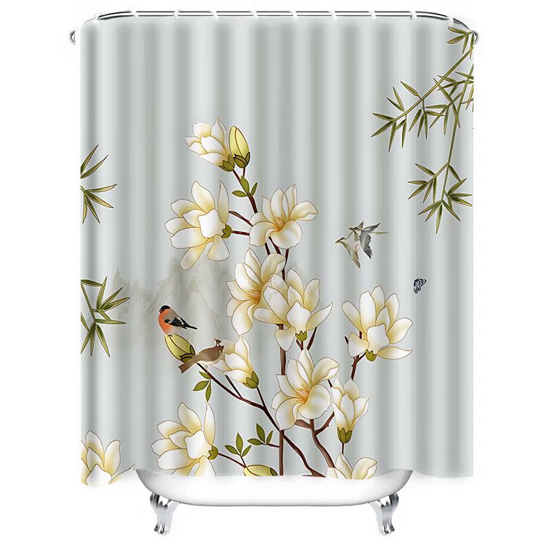 Elegant Floral Shower Curtain With Bird Design - Waterproof And Durable Bathroom Decor For Your Home Waterproof Durable