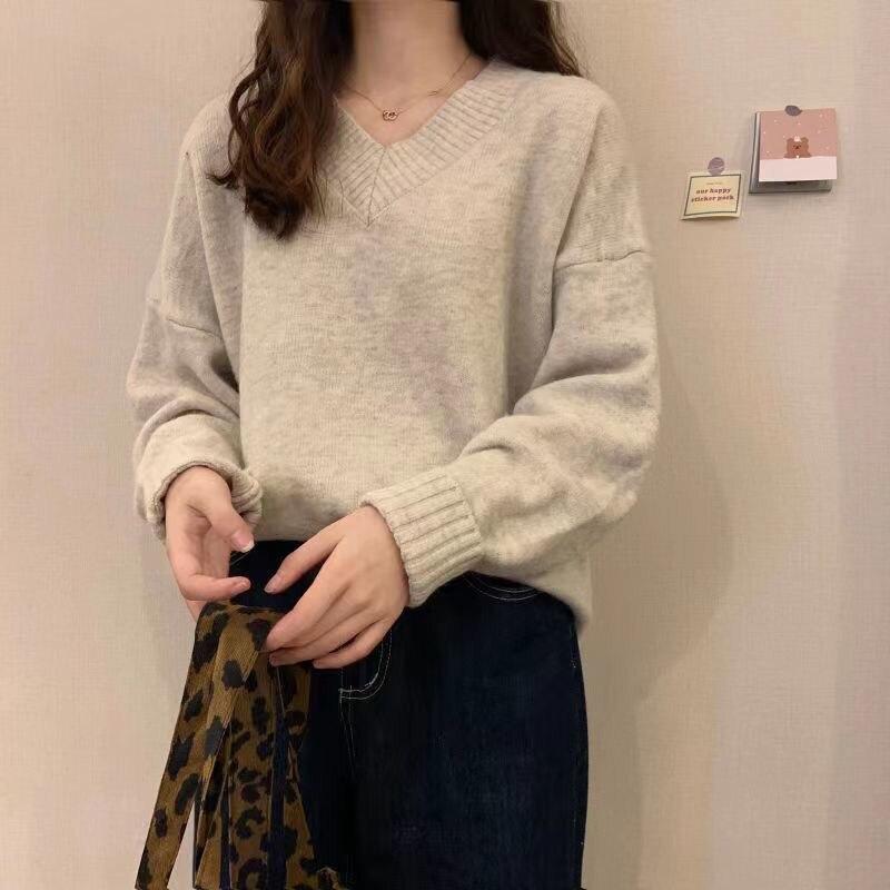 

Осенне-зимний пуловер с v-образным вырезом, свитер 2022, повседневный топ с напуском, непринужденный универсальный корейский однотонный пуловер с v-образным вырезом, женский трикотаж
