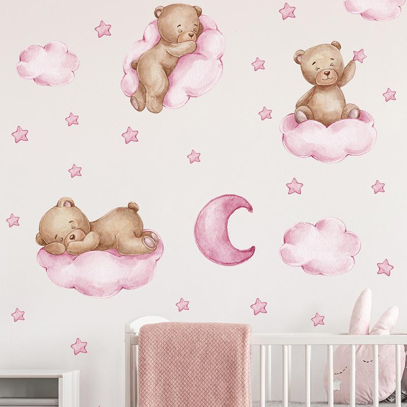 Cartoon Blue Teddy Bear Moon Wall Stickers For Kids Room Baby Nursery Decor Bedroom Wall Decals