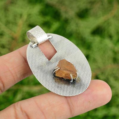 925 Sterling Silver Hessonite Rough Gemstone Sacral Chakra Boho Pendant Jewelry