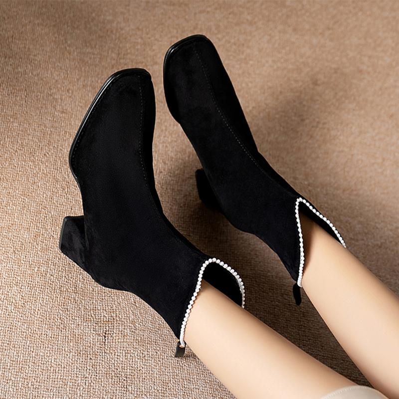 Beaded High Heels Ankle Boots Women Leather Shoes Brand Winter Chunky Fashion Shoes  Trend Classics Pumps Snow Botas Mujer