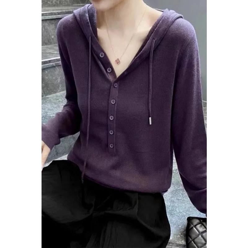 Womens Hooded Half Button Long Sleeve Knit Sweater S фиолетовый 2270₽