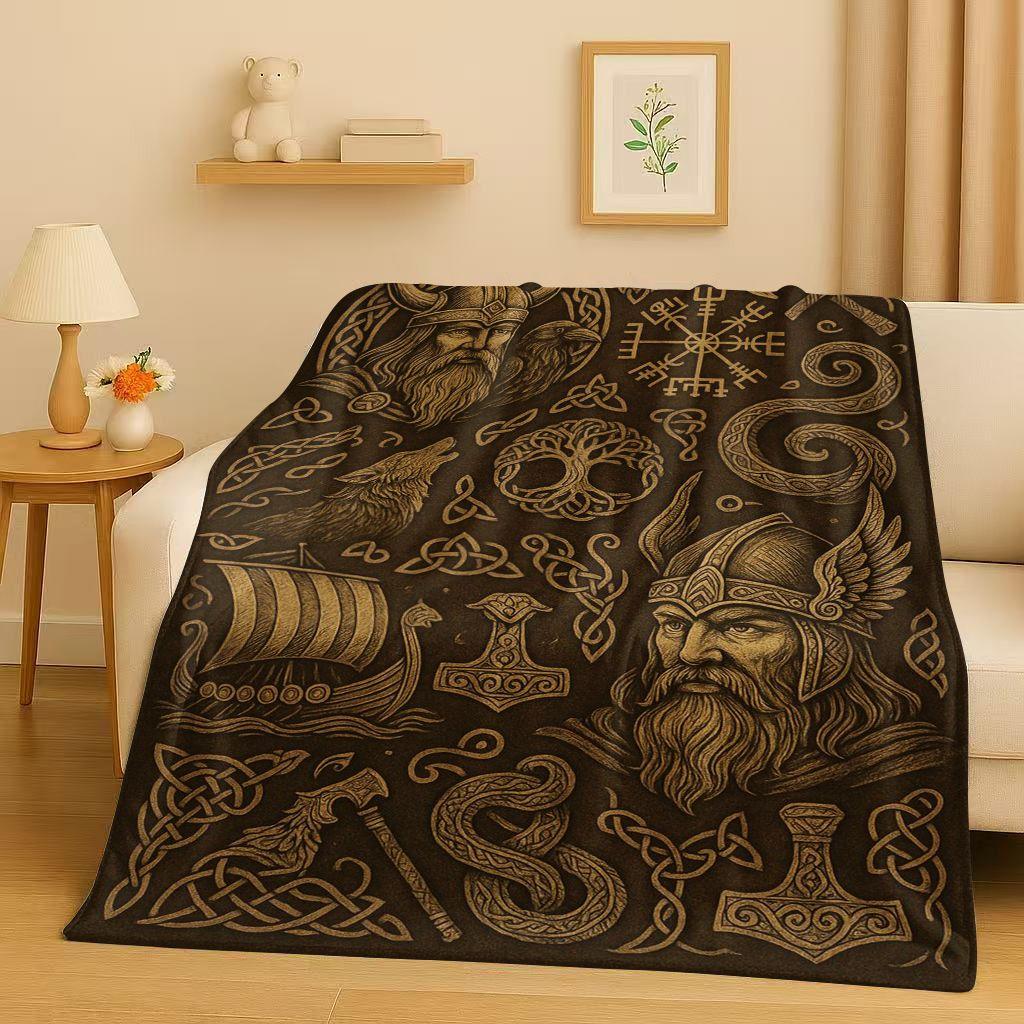 Retro Nordic Viking Totem Vegvisir Rune Valhalla Valknut Flannel Blanket,Ultra Soft Plush Throw for Home Bedroom Bed Sofa Cover