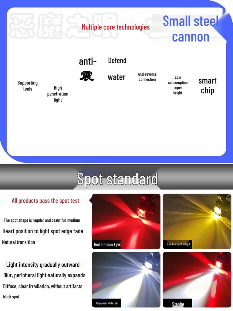 Hochintensiver LED Motorradscheinwerfer mit Teufelsauge - Superhell, Vierfarbiger Stroboskop, Fern-/Abblendlicht