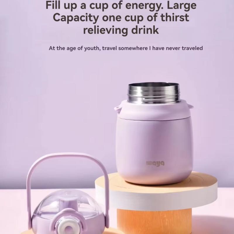 Travel Pot Water Bottle Cup with Straw Large Vaccum Flasks Stainless Steel Cup with Strap LeakProof Portable Thermos for School