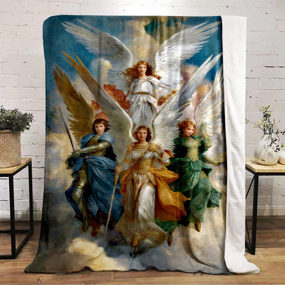 Four Angelic Figures in Heavenly CloudsFlannel blanket for bedroom, living room, sofa, and nap