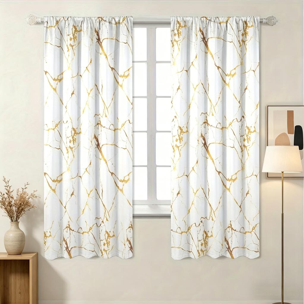 2 Pieces of Light Luxury White Gold Marble-Patterned Curtains, Modern Minimalist Blackout Curtains for Living Room and Bedroom