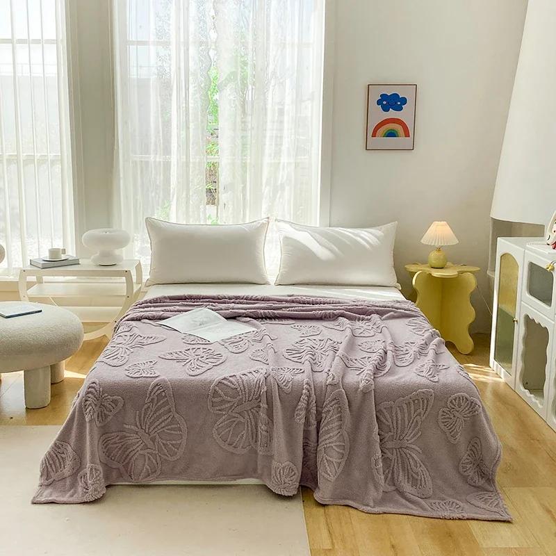 2024 New Solid Color Tafu Fleece Cut Flower Butterfly Blanket Single-layer Double-sided Fleece Fleece Office Cover Blanket