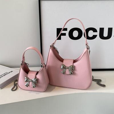 Trend Bow Crossbody Bag for Women Fashion Chain Shoulder Underarm Bag PU Leather Luxury Handbag Purses Pink Sliver Clutch Bag