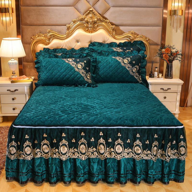 Winter Velvet Lace Bed Skirt One-Piece Thickened Non-Slip Coral Velvet Bedspread Detachable Lace Mattress Protective Cover