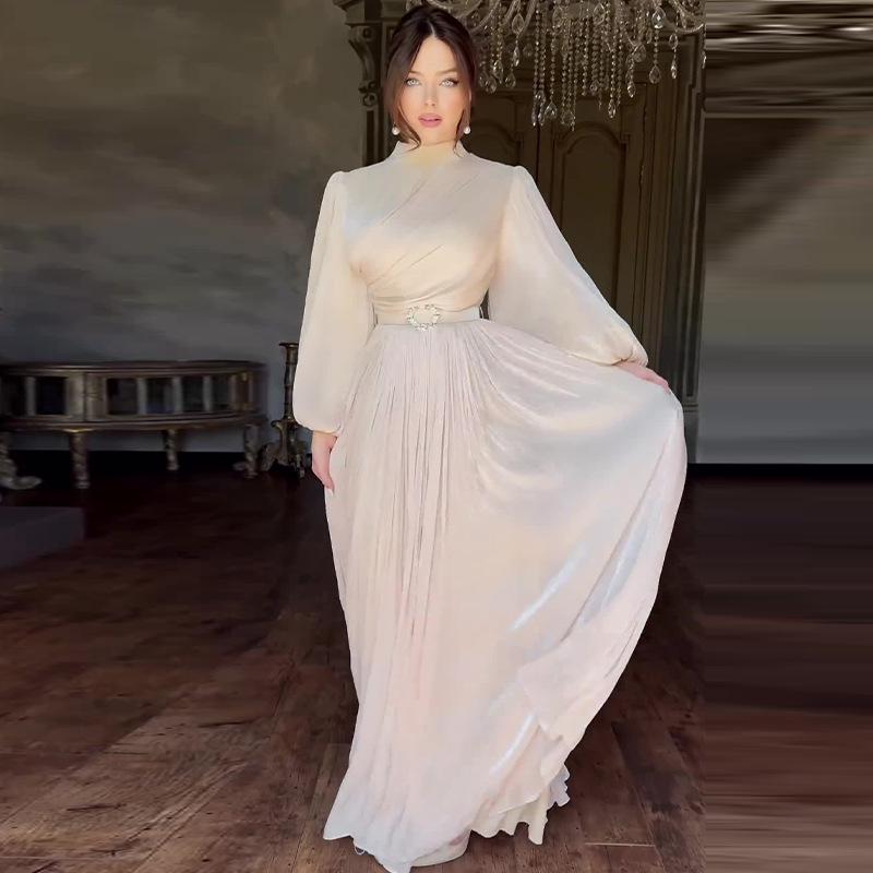 2024 Summer European & American Solid Color Lantern Sleeve Waist-tie Socialite Dress