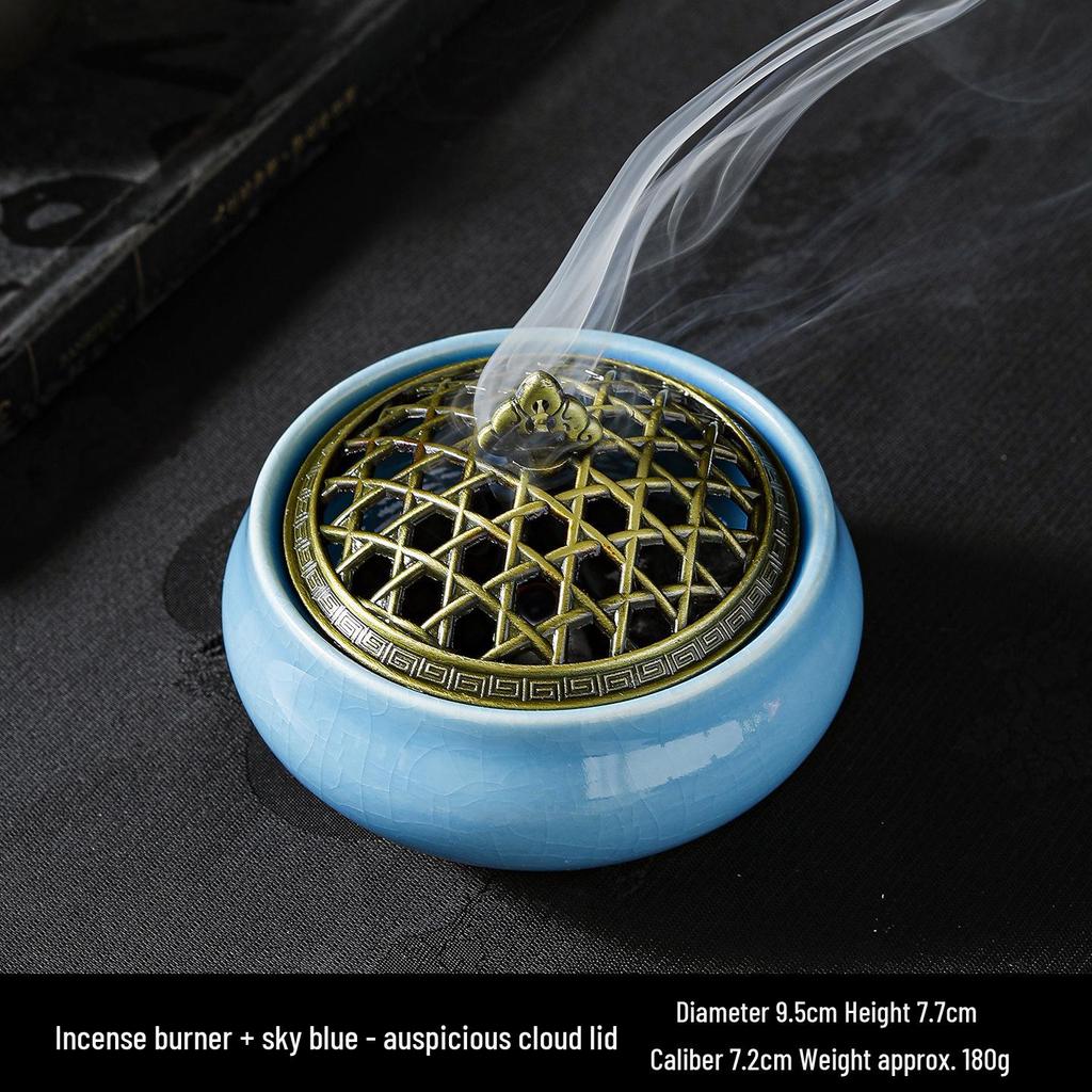 Jingdezhen Celadon Ceramic Three-Legged Small Incense Burner with Ice Crack Glaze and Anti-Scald Lid.