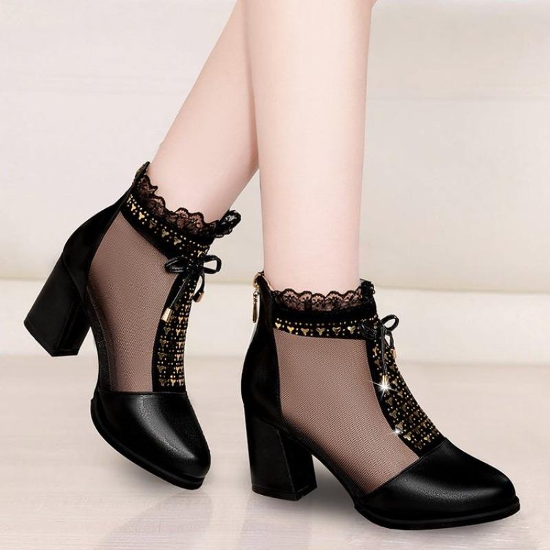 2026 Elegant High Heels Mesh Bow Summer Shoes High Heel Women Sandals Fish Mouth Black Leather Sandal Ankle Boots Luxury Fashion