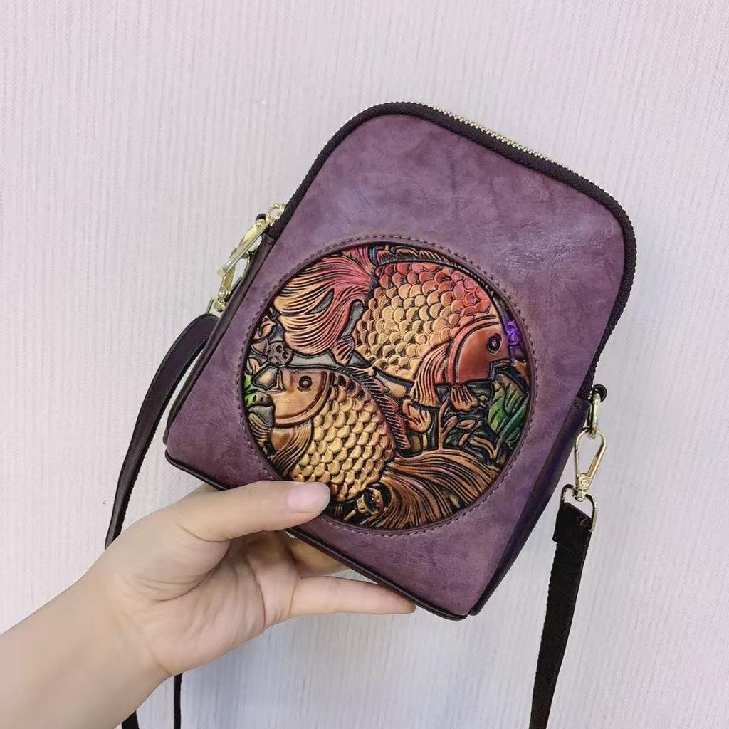 Koi Embossed Printing Ethnic Style Large Capacity Lightweight Multi Clip Premium Texture Shoulder Bag - Modern Women Crossbody Bags