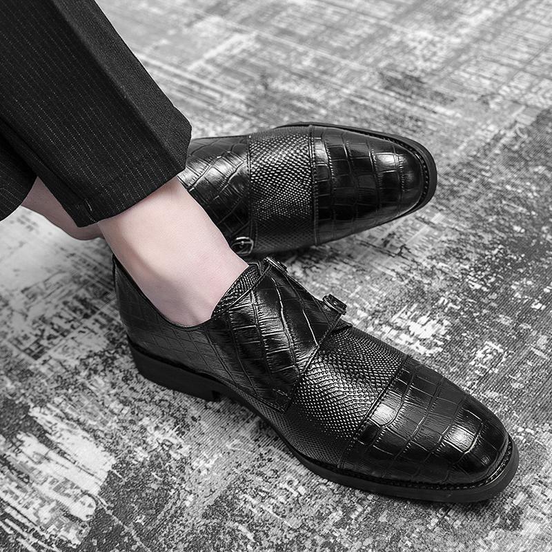 Fashion Mens Dress Shoes PU Leather Double Buckle Monk Strap Men Shoes Snake Print Cap Toe Classic Italian Shoes Zapatos Hombre Size 48