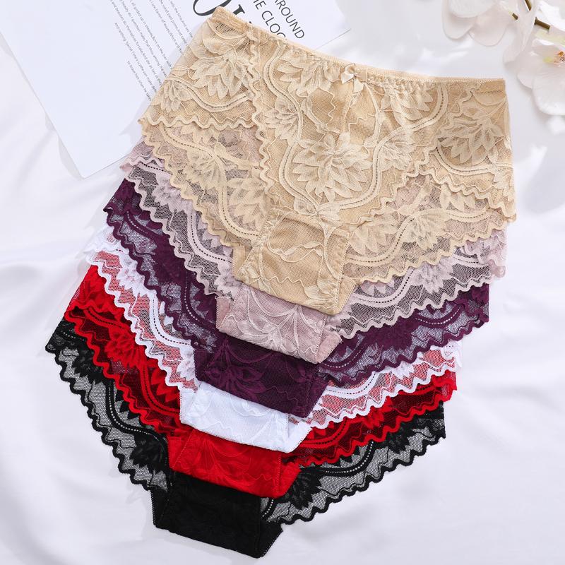 1 pezzo Biancheria intima da donna a vita alta, taglie forti, tinta unita, con pizzo, alla moda, traspirante, morbida e confortevole, biancheria intima da donna di alta qualità