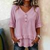 women's V Neck Button Ruffle Trim Half Sleeve Linen Blend Loose Casual Blouse Tunic Top