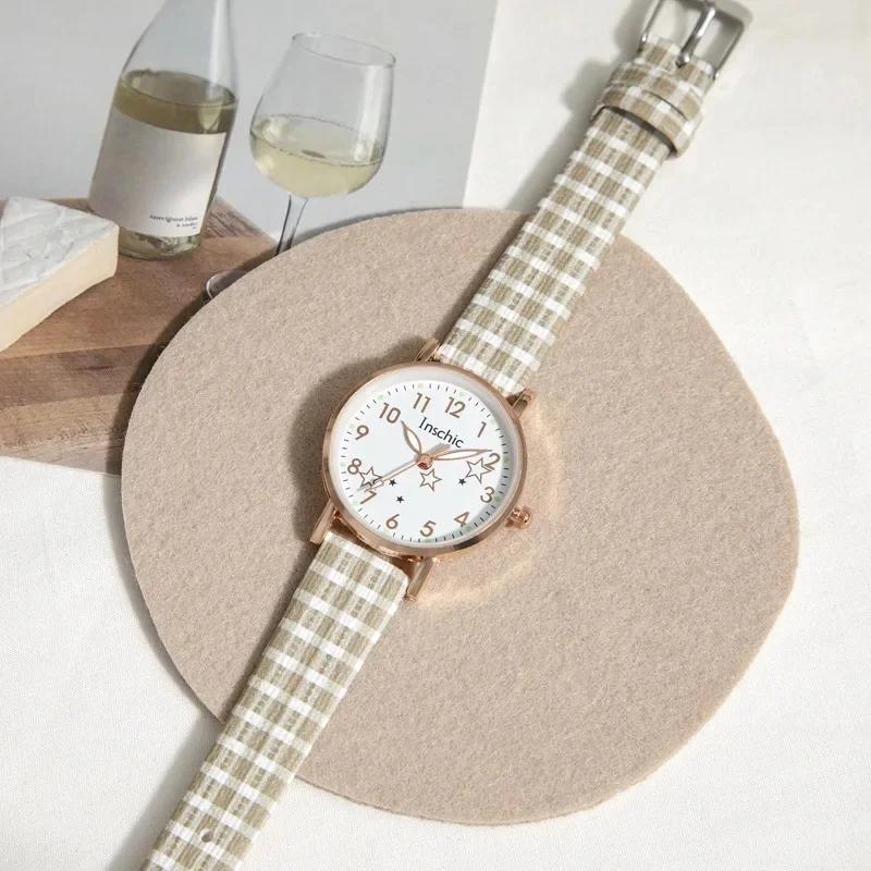 Trendy Ins Style Women's Watch Simple Grid Pattern Casual Quartz Wristwatch Fresh Style Ideal for Junior High School Students