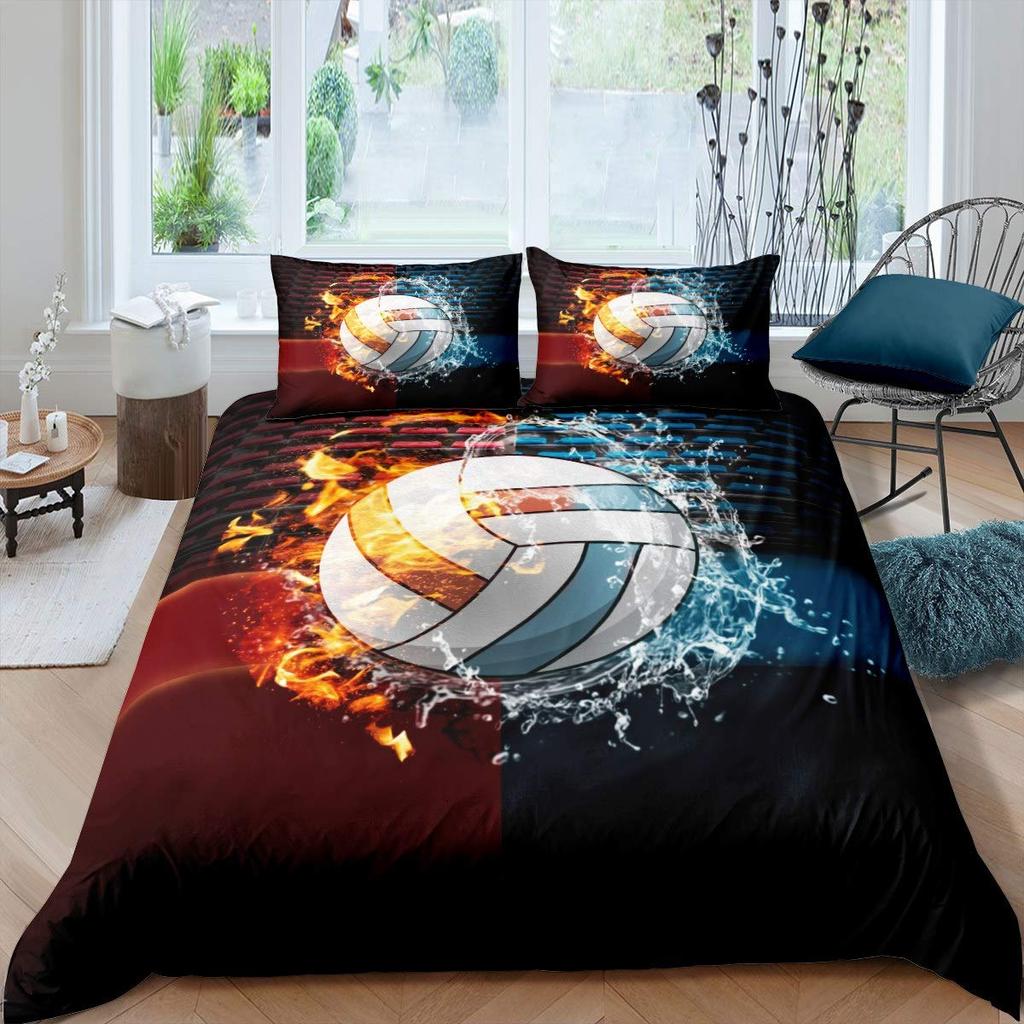 Volleyball Duvet Cover Set Microfiber Sports Ball Theme Fire and Water Blend Volleyball Twin Bedding Set Double Queen King Size