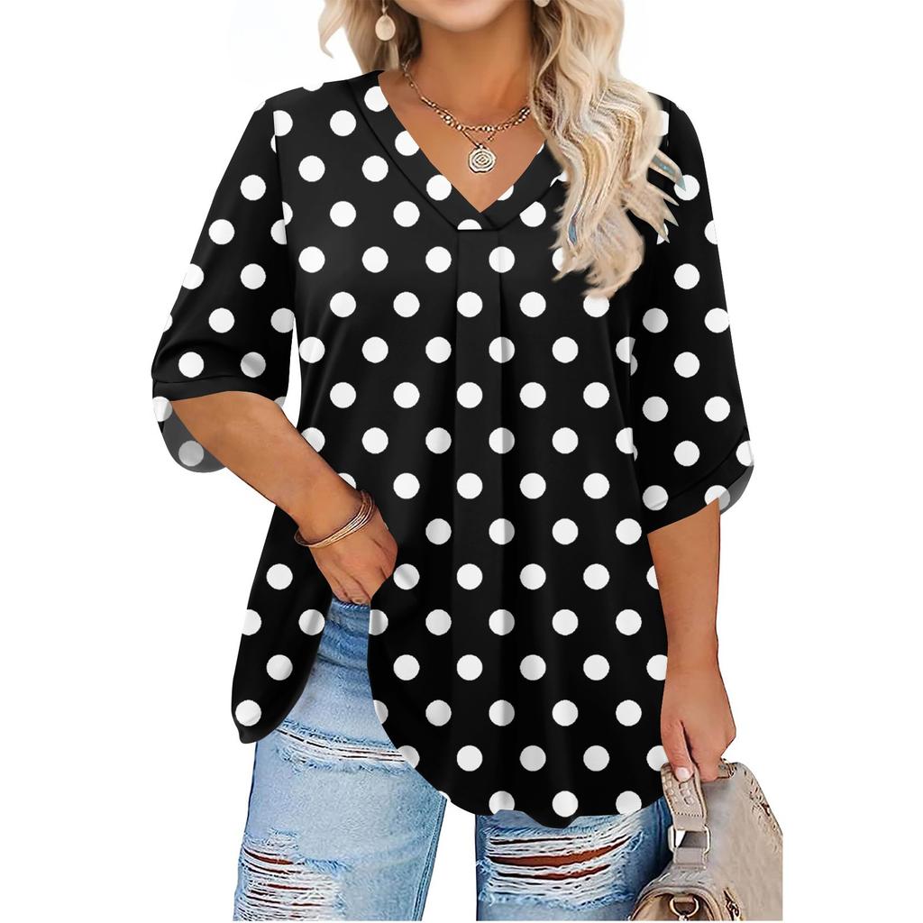 Women's Fashion Large Size Printed V-Neck Three-quarter Sleeve Top