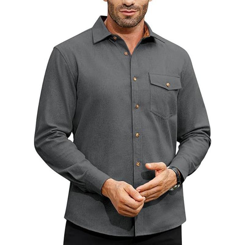Eaby autumn and winter new long-sleeved plain collar daily vacation solid color men's shirt