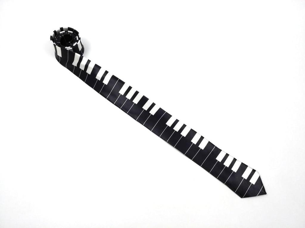 [F NODE] Slim Necktie, Piano Keyboard Pattern, Polyester, Pointed Tip (Black)