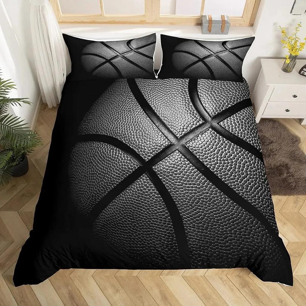 Boys Basketball Duvet Cover Set Black 3D Ball Sports Bedding Set For Boys Men Basketball Court Competitive Games Comforter Cover