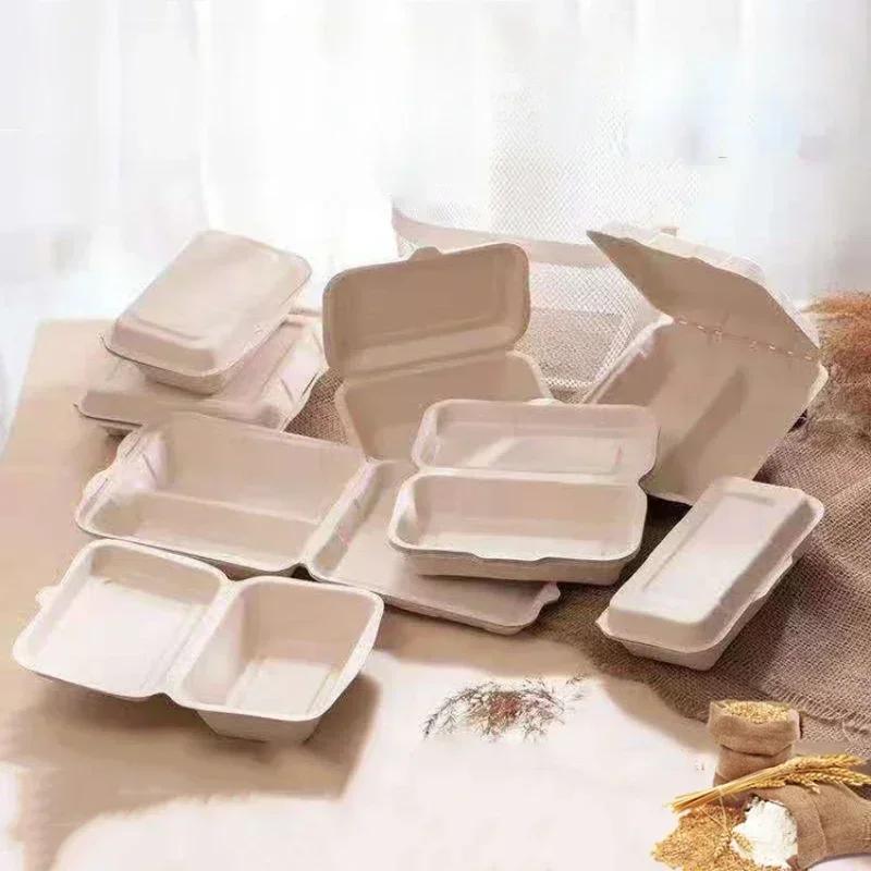 Disposable Pulp Lunch Box Thick Environmentally Friendly Rice Takeaway Packaging Rectangular Connected Fast Food Boxs