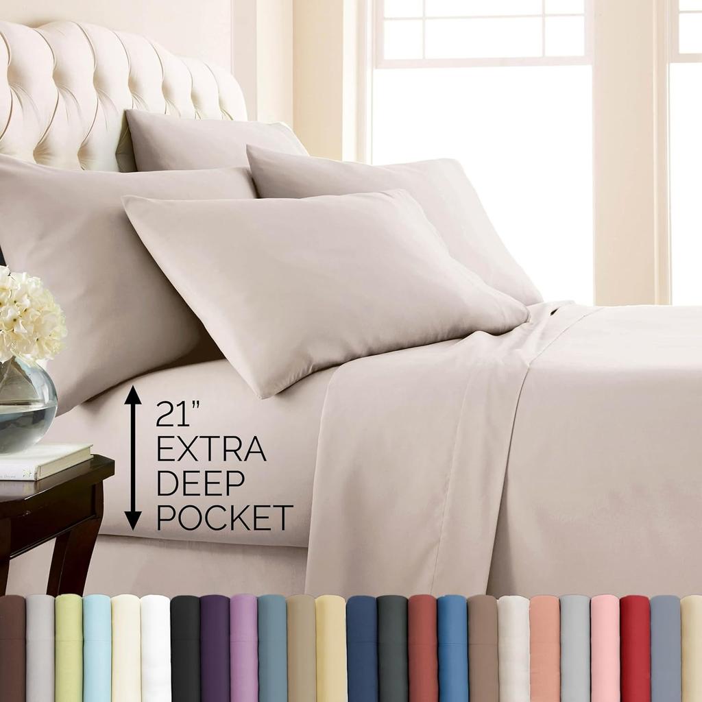 6-Piece Extra Deep Pocket King Sheets Set, Hotel Collection King Size Bed Sheets with 21" Deep Pocket Fitted Sheet, Bone