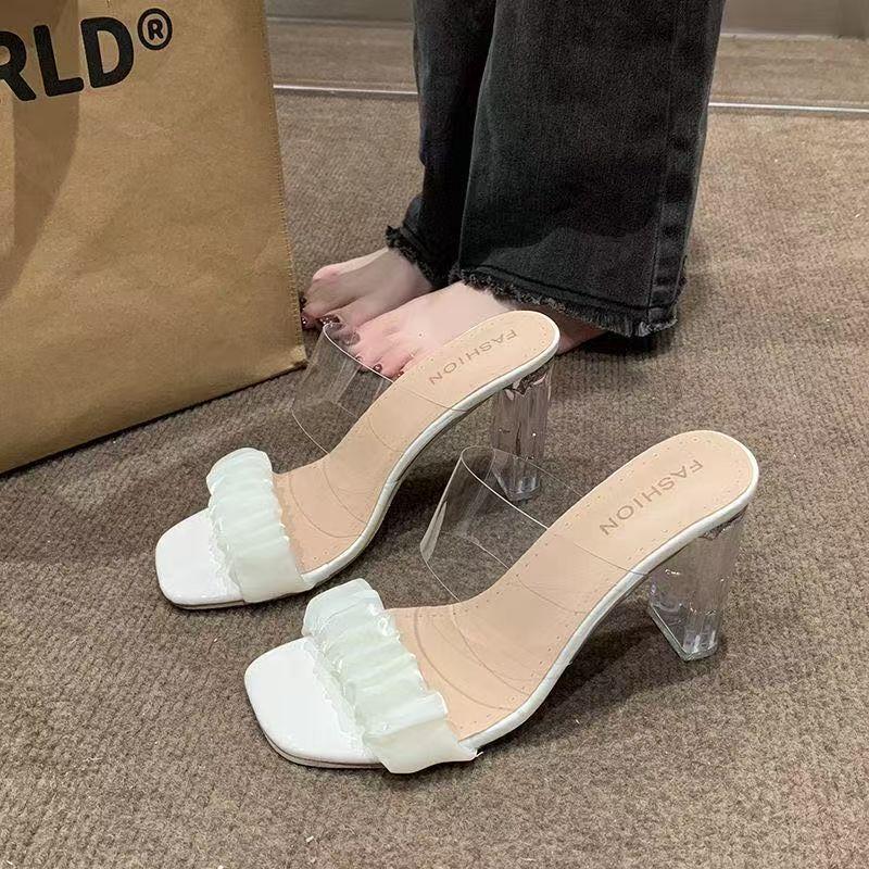 2025 Summer New French Crystal Slippers Wear High Heels Non-slip and Thin High Heels Sandals Versatile High Heels