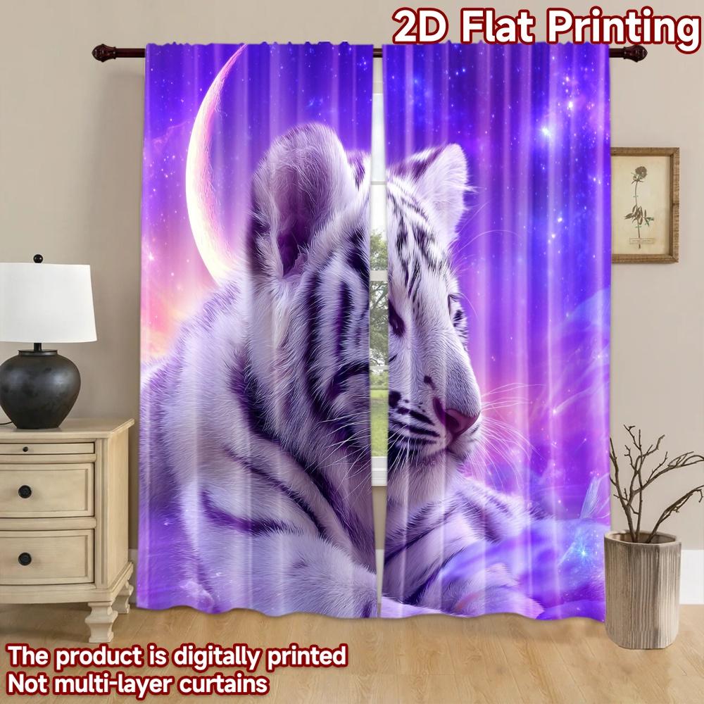 2D Flat Printing 2pcs Curtains Cute Tiger Galaxy Fantasy Digital Printed Polyester Drapes Party Decorations for Holiday Home