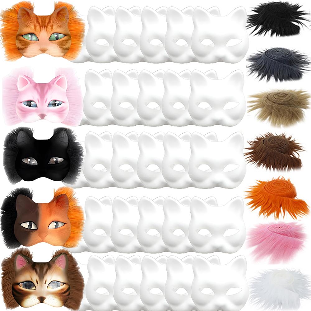 DIY Blank Masker Sett Halvt Ansikt Håndtegnet Dyr Katt Rev Maske DIY Håndlaget Graffiti Halvmaske Fest Halloween Julegave
