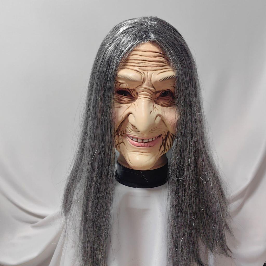 Scary Long-Haired Witch Mask Halloween cos Half-face witch mask, scary old woman mask, haunted house prop