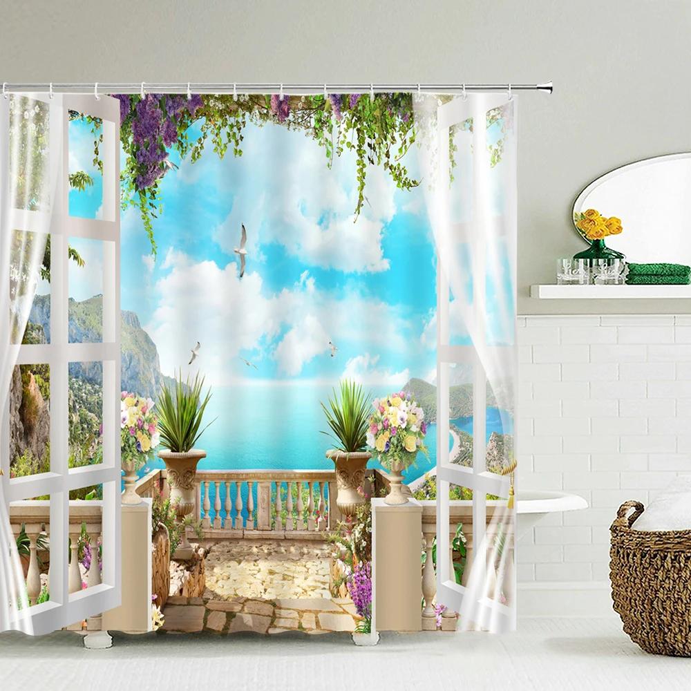 Flowers Garden Landscape Shower Curtain European Retro Rural Scenery Wall Decor Hanging Curtain Waterproof Bathroom Curtains