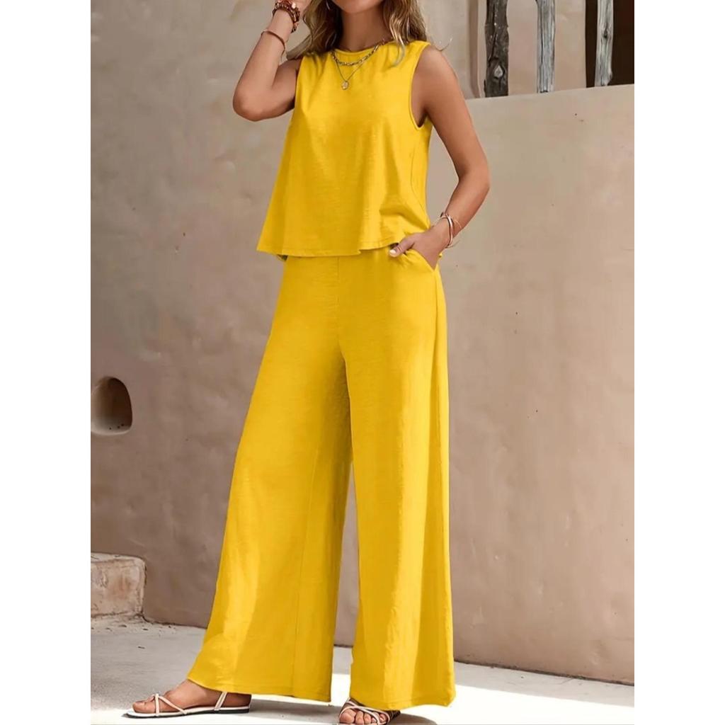 Women's Round Neck Sleeveless Tank Top and Wide Leg Pants 2 Piece Casual Set