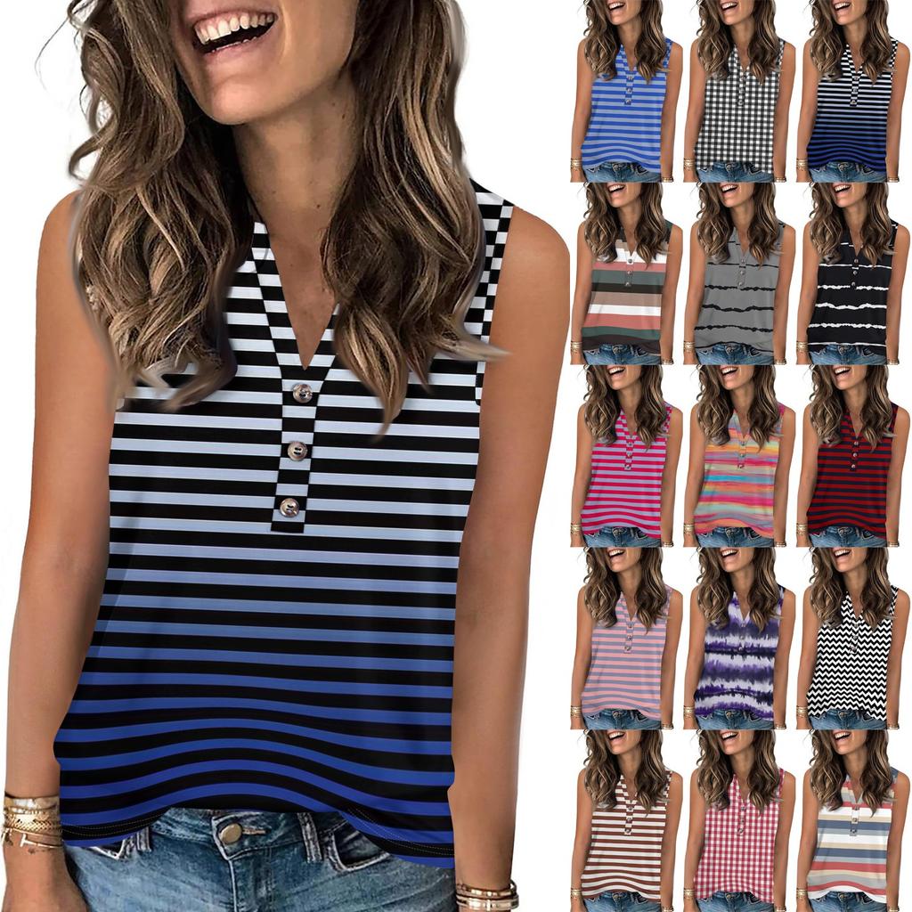 Women's Casual Fashion Summer Print Tank Top V-neck Sleeveless Button Up Top