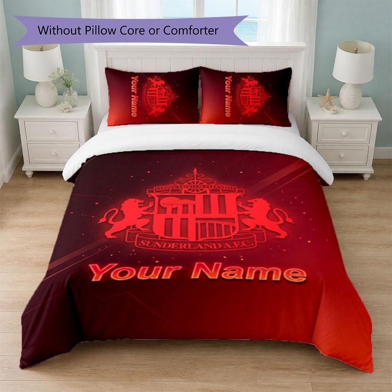 Set Biancheria da Letto Personalizzato Sunderland FC con Nome Testo 1 Copripiumino+2 Federe Logo Calcio Regalo Personalizzato per Occasione Speciale Decorazione Camera da Letto