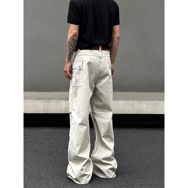 American-Style Off-White Flared Cargo Pants for Men, Straight-Leg, Loose-Fitting, Multi-Pocket, Pleated Design, Cleanfit Casual Pants