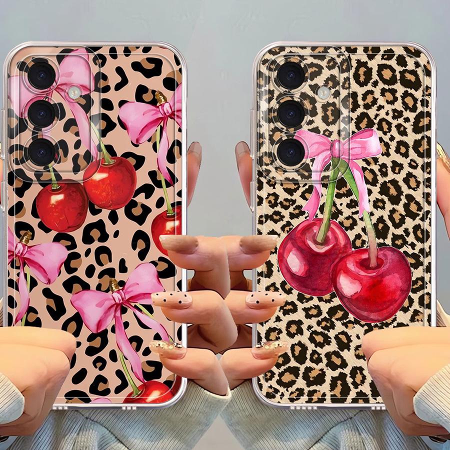 Leopard-patterned Cherry Phone Cover Case for Samsung Galaxy A26 A24 A34 A35 A56 A50 A36 A13 A25 A51 A14 A16 A54 A15 A52 A31 A33