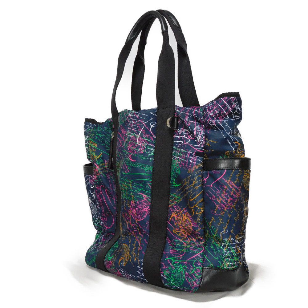 Used 11828 Chillout Nylon Scritto Tote 7924 New Logo All-Over Print Multicolor Shoulder Bag Calligraphy Navy Men's from