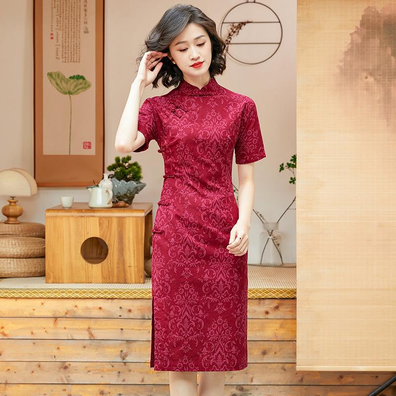 Chinese style women's clothing summer new red cotton and linen daily improvement cheongsam dress 11017