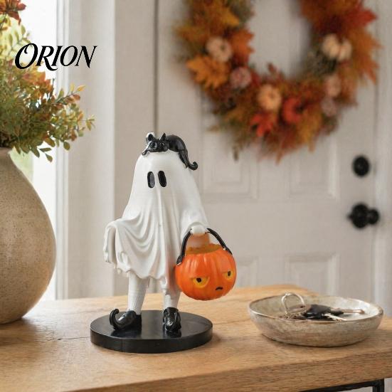 Halloween Ghost Figurine Vintage Figurine, Cute Spooky Resin Statue with Pumpkin Home Decor Bucket And Black Cat for Indoor Kitchen Christmas Holiday