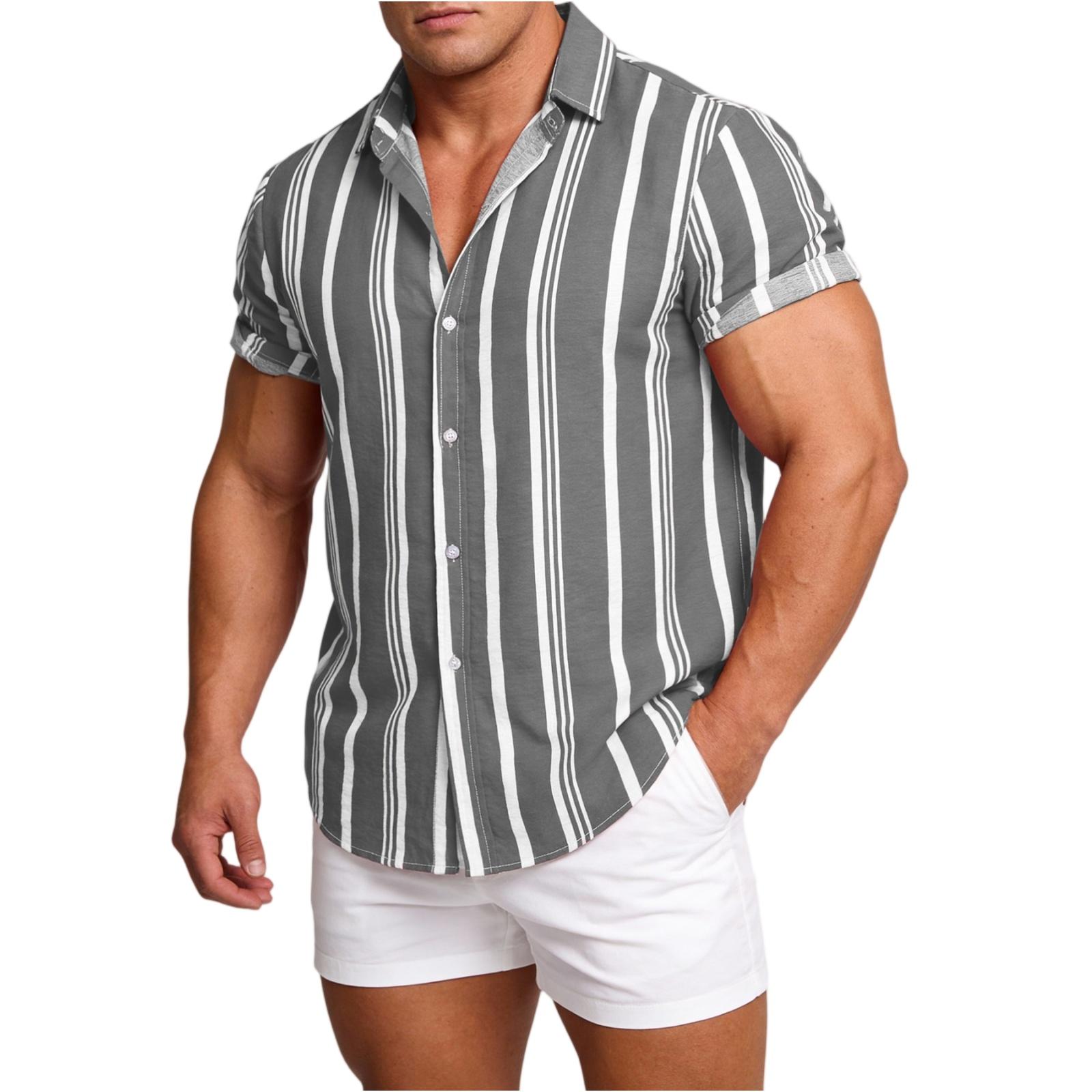 Men s Casual Striped Printed Button Down Short Sleeve Collared Shirt Lightweight Breathable Holiday Relaxed Fit Top L