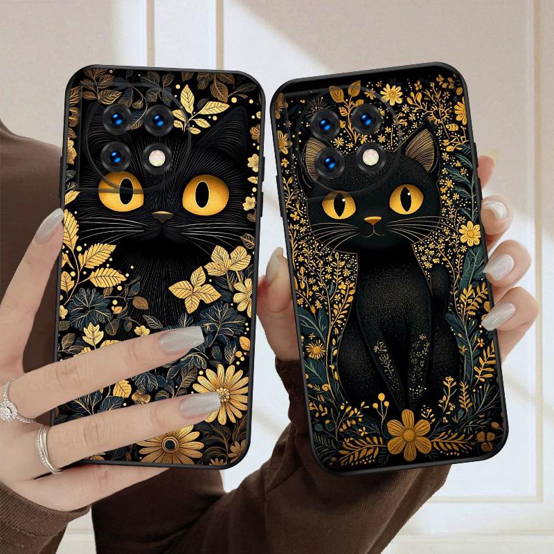 Flower Cat Black For Oneplus 8T 9 9R 10 Pro 11 12 13 13R 5G ACE 5 Nord2 4 CE 3 4 Lite N20 SE N200 silicone soft phone case