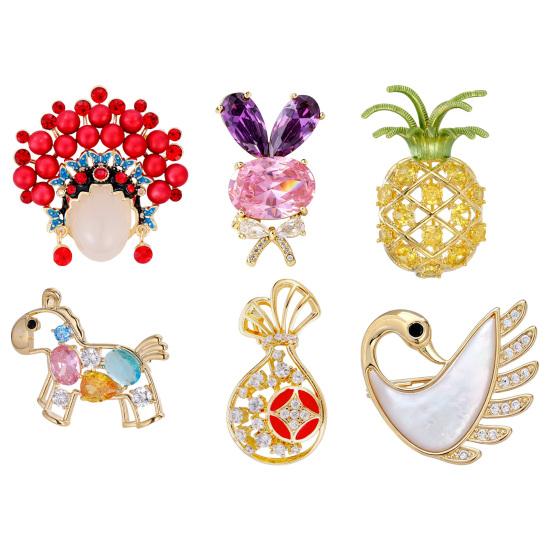 Brooch Pin for Women, Lightweight Lapel Pin with Rhinestones Inlaid, National Style Badge with Peking Opera Face Paint Pineapples Bunnies Money