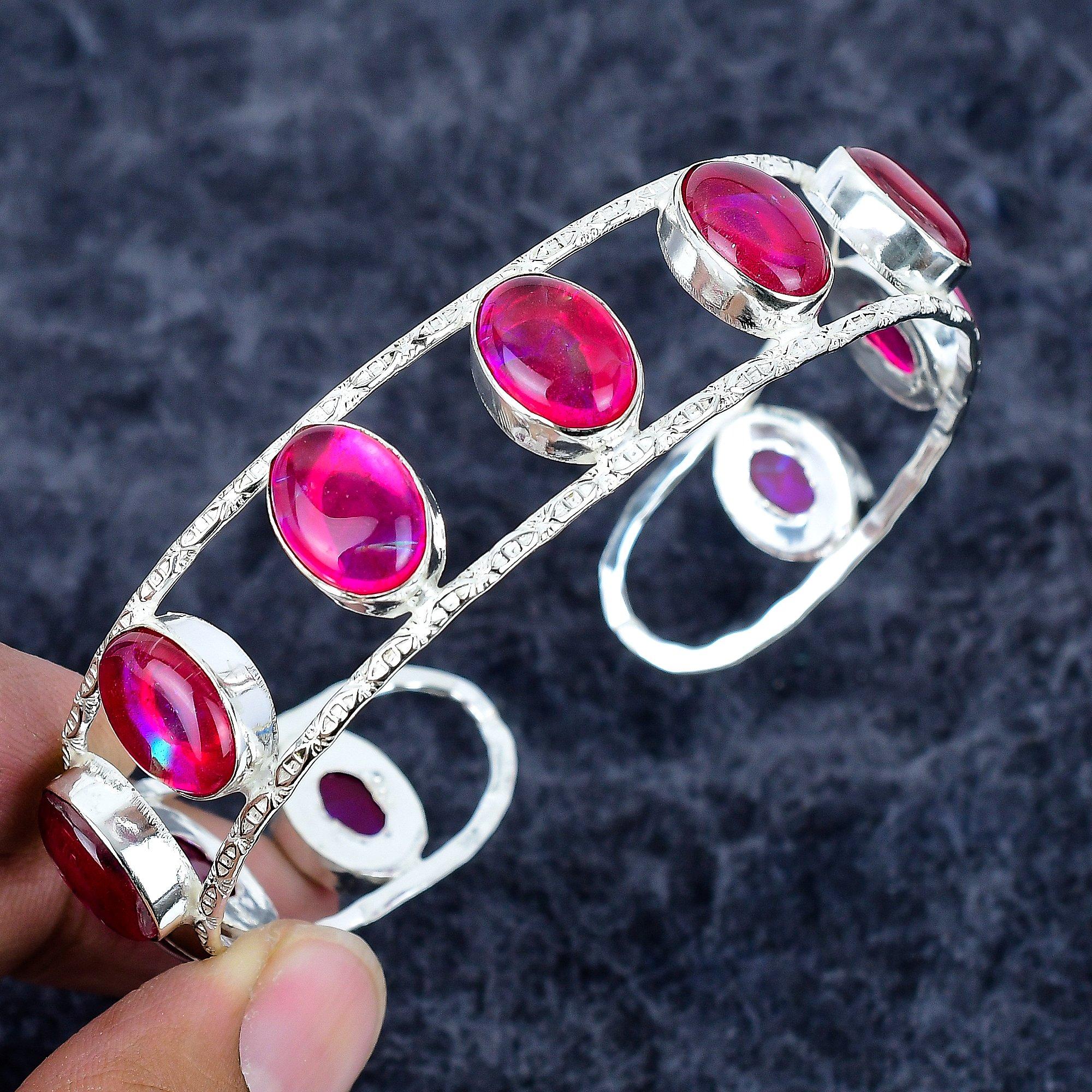 

Pink Rubillite Gemstone Handmade 925 Sterling Silver Cuff Bangle Adjustable M-3316